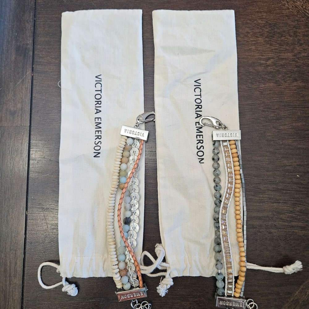 Victoria Emerson Multi-Strand‎ Boho Wrap Bracelets Lot of 2 Stone Wood Leather